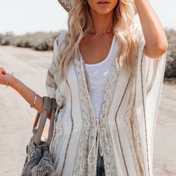 White Striped Print Drawstring Open Front Maxi Kimono💗 - Picture 6 of 16